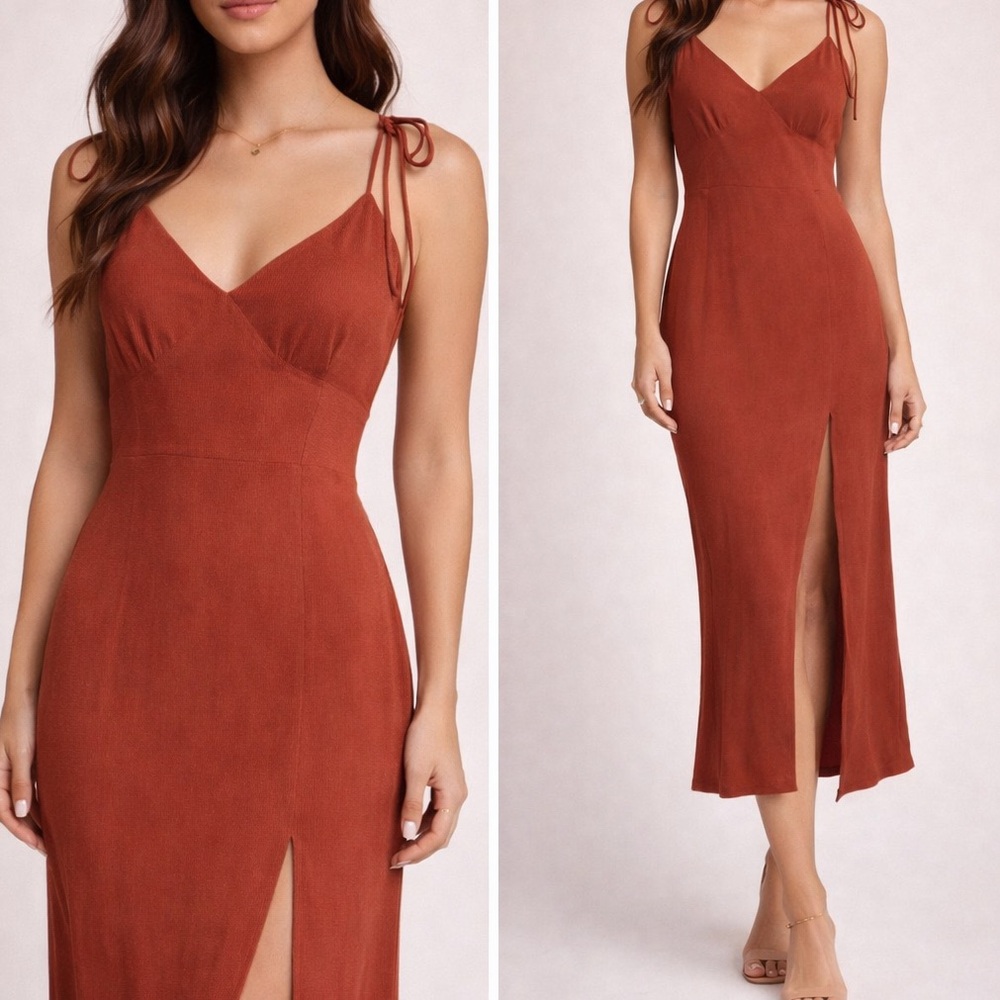 NWT Terracotta Midi Dress | Tie Strap V-Neck | Slit | Rust Brown